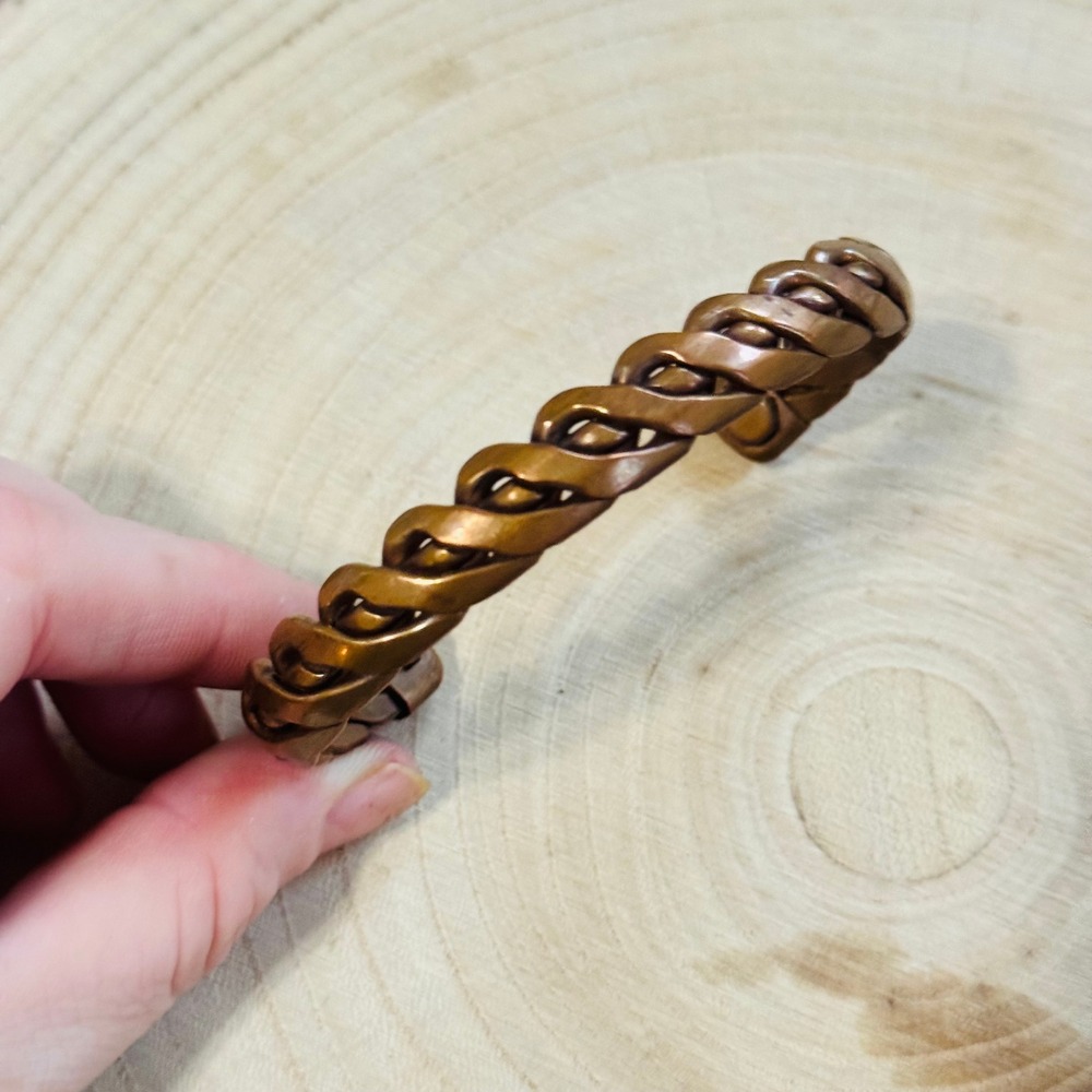 VTG Braided Brass Copper Cuff Bracelet Statement Modernist Boho Hippie Large MCM